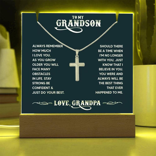 Personalized Grandson LED Acrylic Bundle with Cross Necklace – view 2