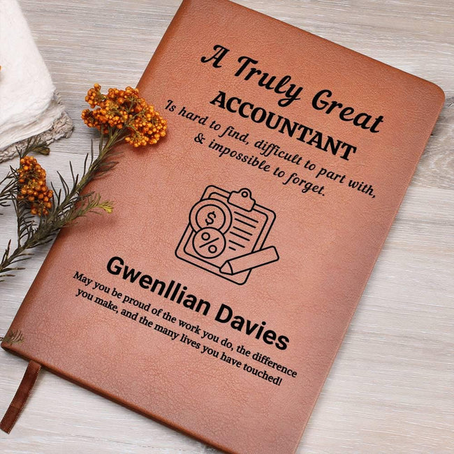 Brown vegan leather journal engraved A Truly Great Accountant with a clipboard and calculator design and name
