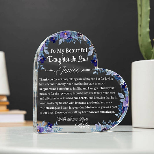To My Daughter in Law Gift Personalized Heart Acrylic Plaque – view 2