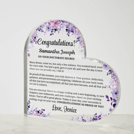 Doctorate Graduation Gift Personalized Heart Acrylic Plaque – view 2