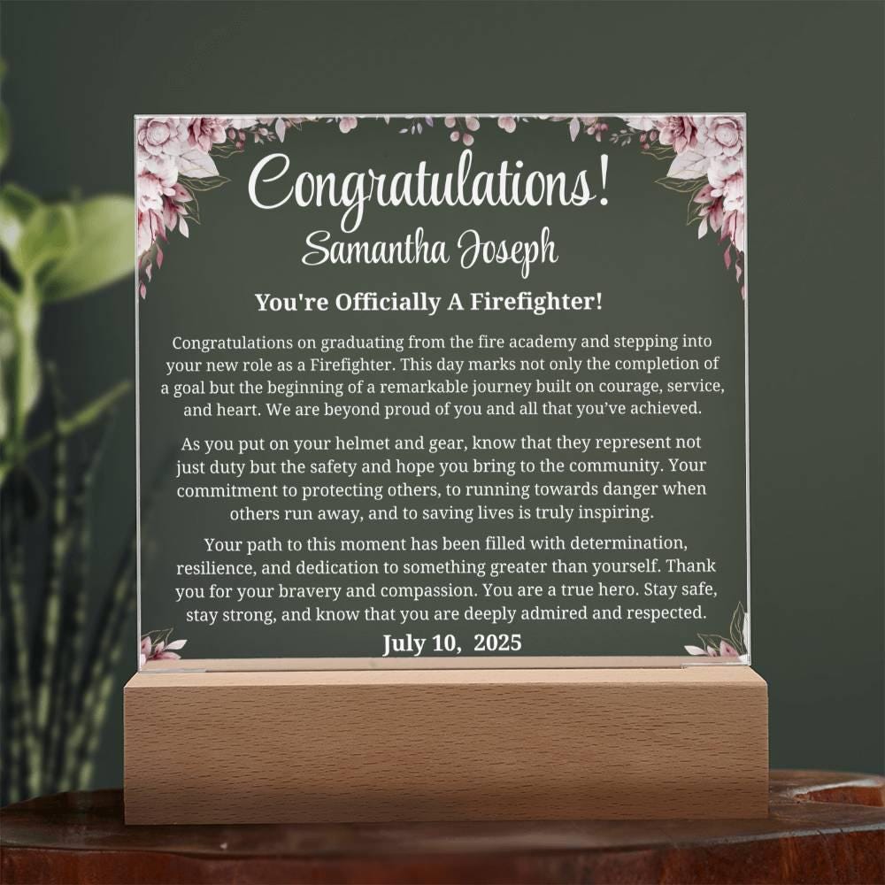 Firefighter Graduation Gift Personalized Acrylic Plaque with LED Base – view 10