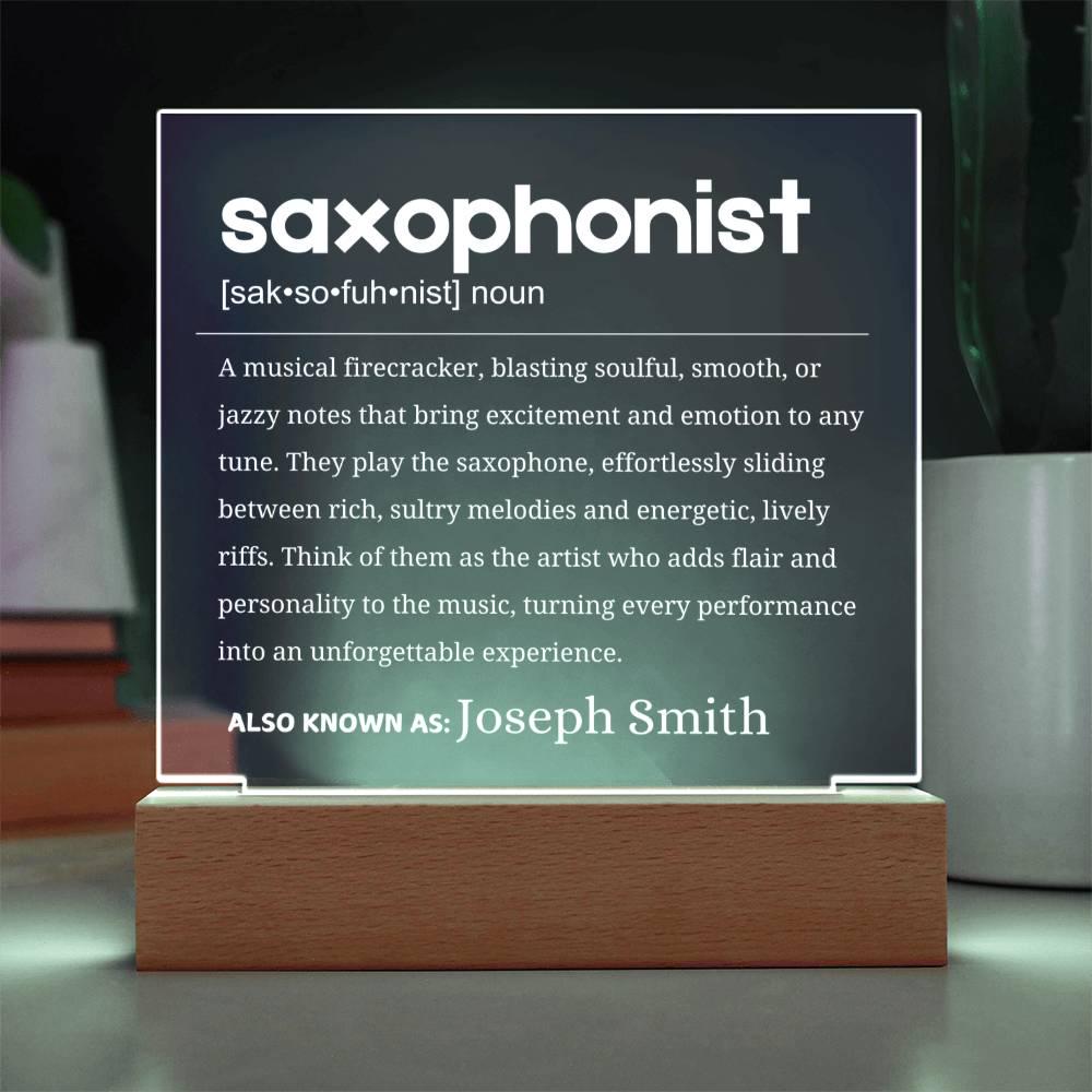 Personalized saxophonist gift, LED acrylic plaque with saxophone definition design
