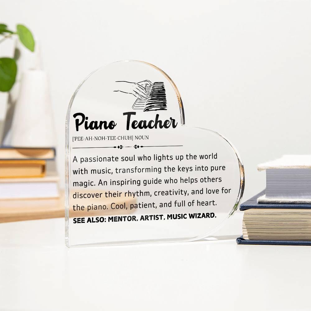 Personalized piano teacher gift, heart-shaped acrylic plaque engraved with their name
