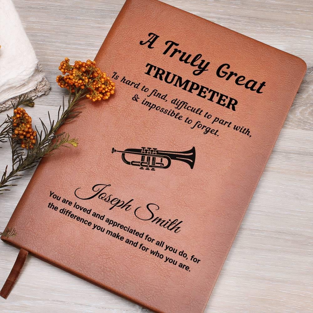Personalized trumpet player gift, engraved vegan leather journal for trumpeters
