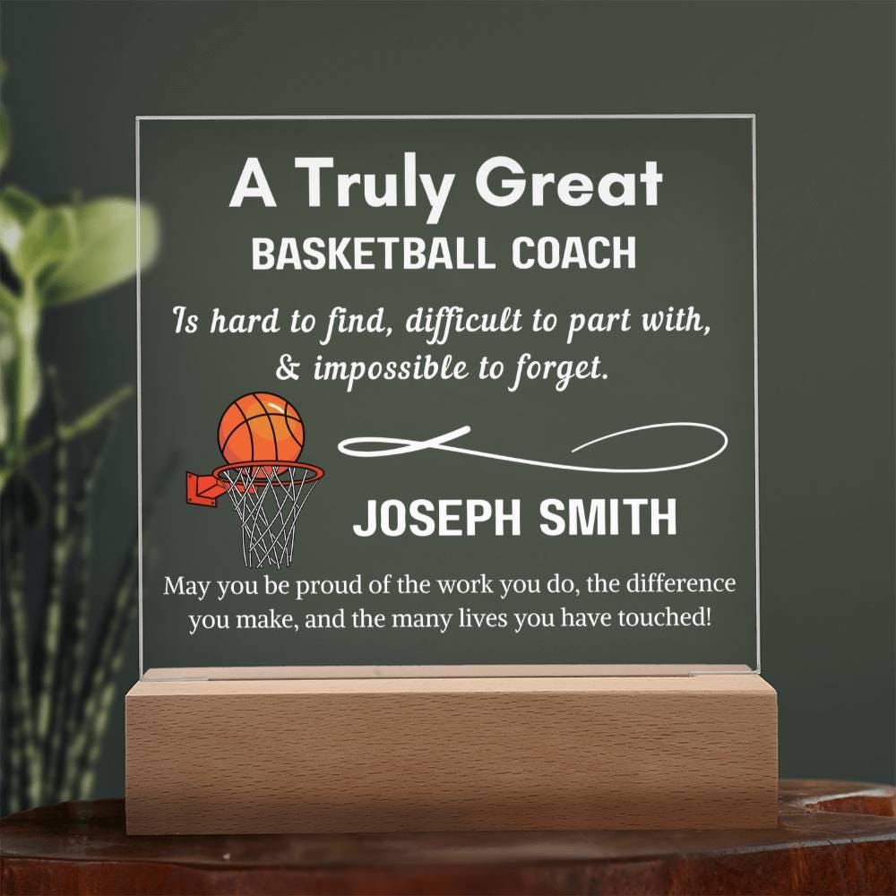 Personalized basketball coach gift, custom acrylic plaque with LED base