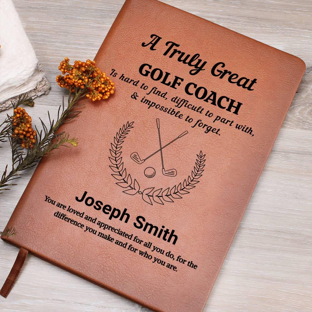 Personalized golf coach gift, engraved vegan leather journal for golf pros