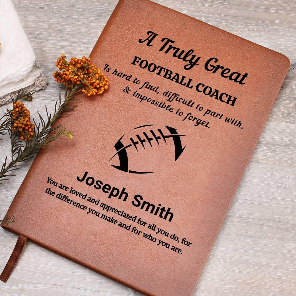 Personalized football coach gift, engraved vegan leather journal for end-of-season thank-yous