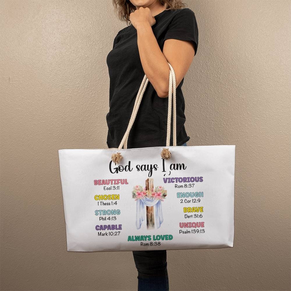 Weekender Christian mom Tote bag, God Says I am tote, Gifts for Christian women, religious tote, girls tote, mom Bible Bag, Jesus Tote Bag