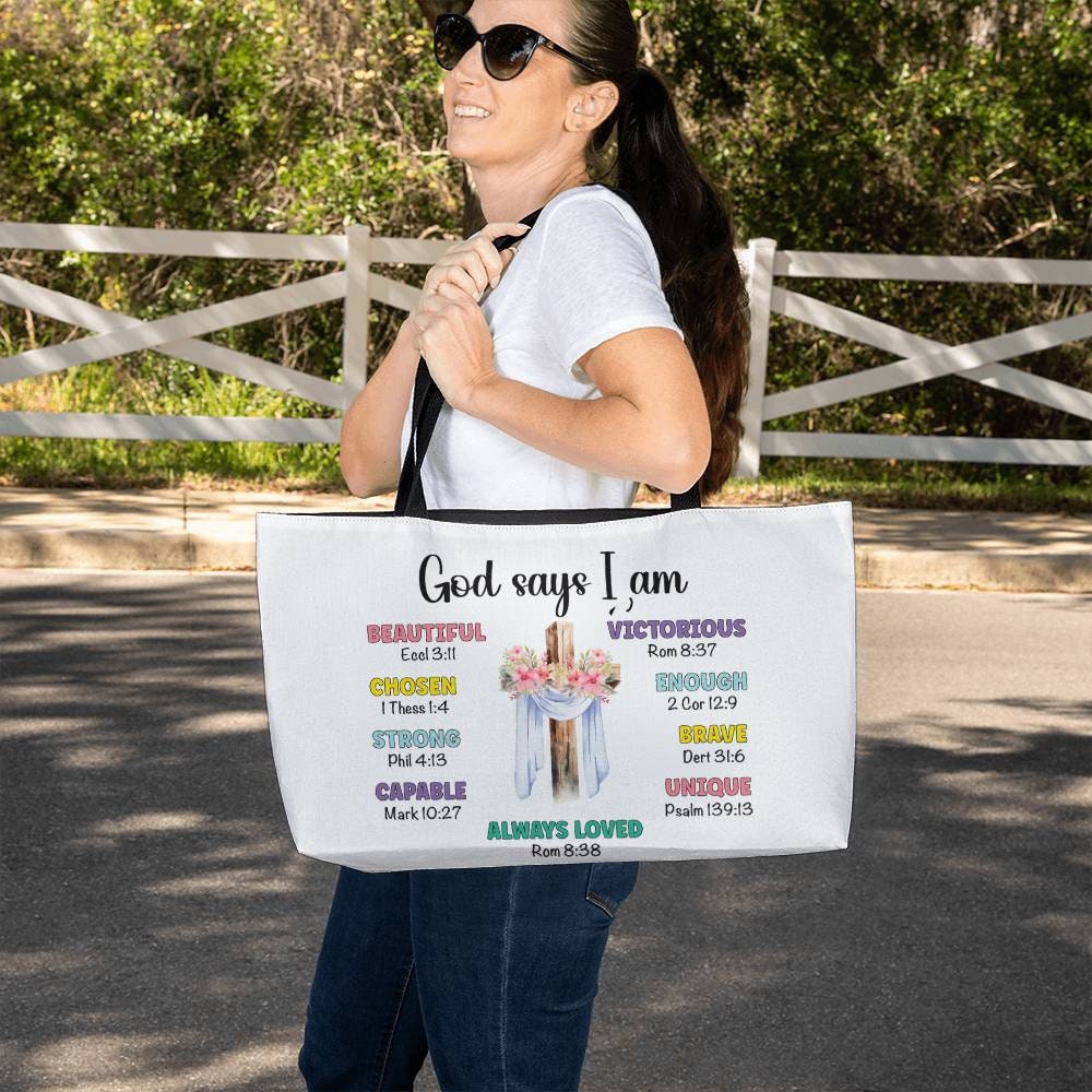 Weekender Christian mom Tote bag, God Says I am tote, Gifts for Christian women, religious tote, girls tote, mom Bible Bag, Jesus Tote Bag