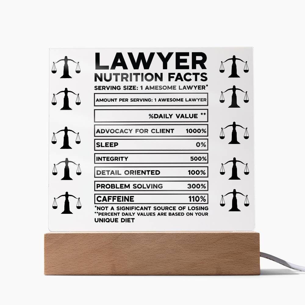 Lawyer Nutrition facts funny lawyer desk plaque, gift for lawyer, law student gift, funny lawyer gift, new lawyer gift, scales of justice