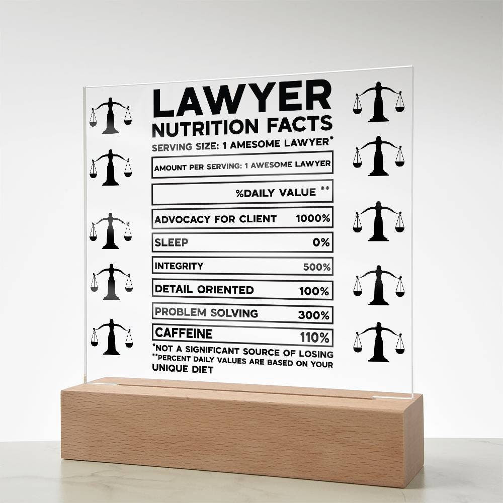 Funny lawyer desk plaque Lawyer Nutrition facts, gift for lawyer, law student gift, funny lawyer gift, new lawyer gift, scales of justice