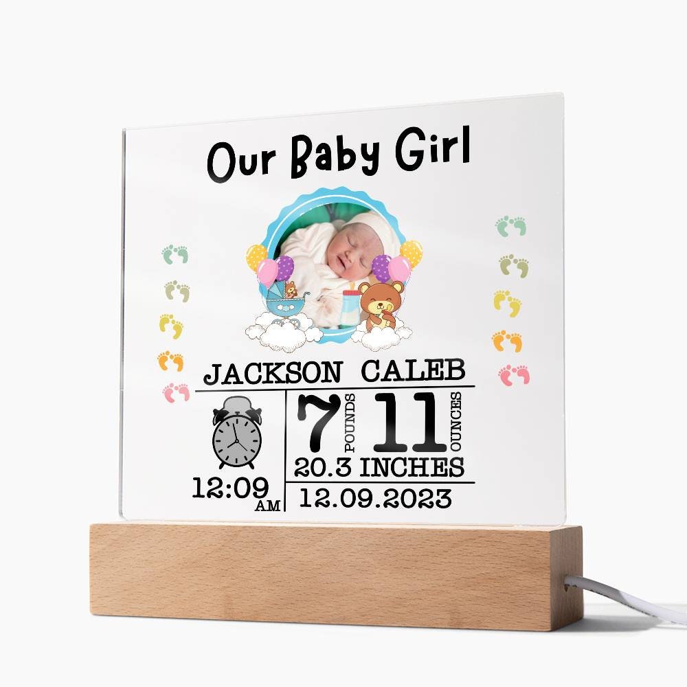 Newborn Personalized Baby Birth Statistics and Photo Acrylic Plaque