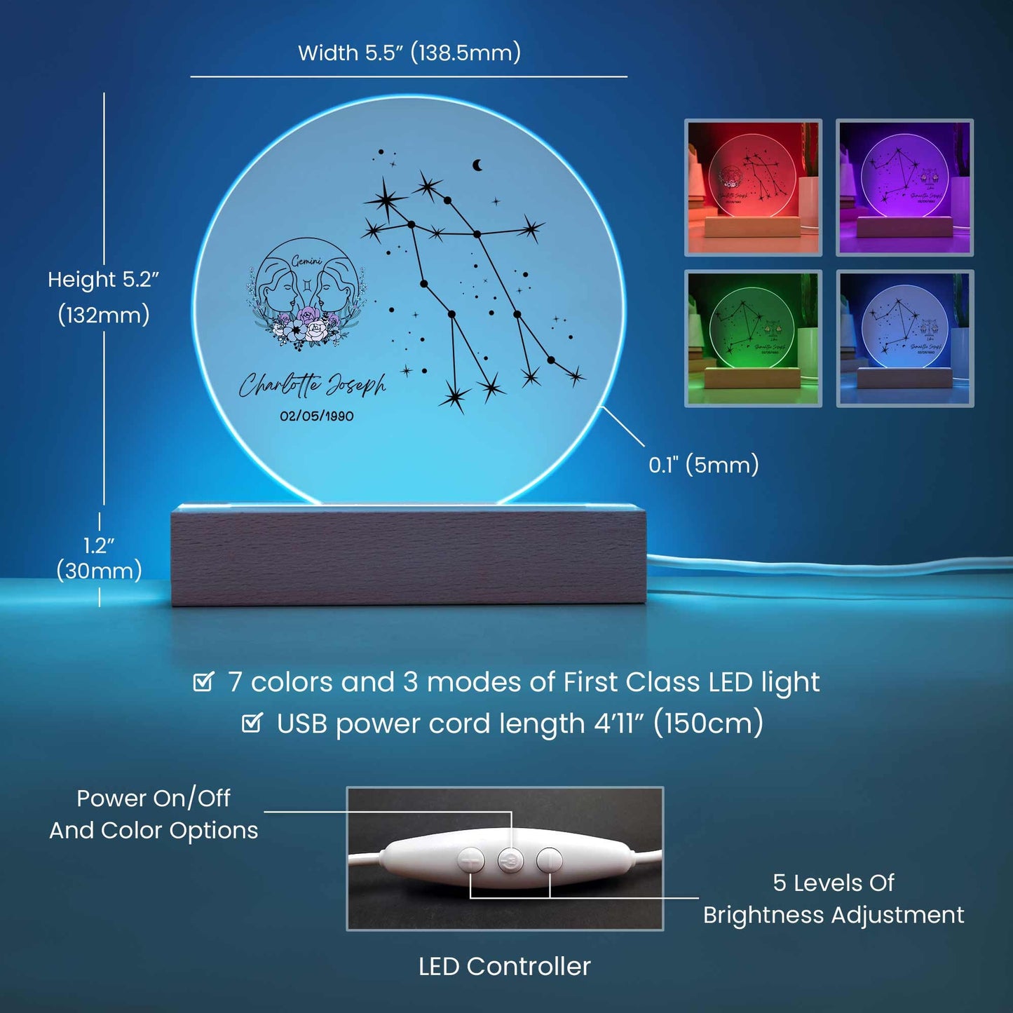 Personalized Leo Star Sign Zodiac Plaque Night Light Astrology gifts – view 7