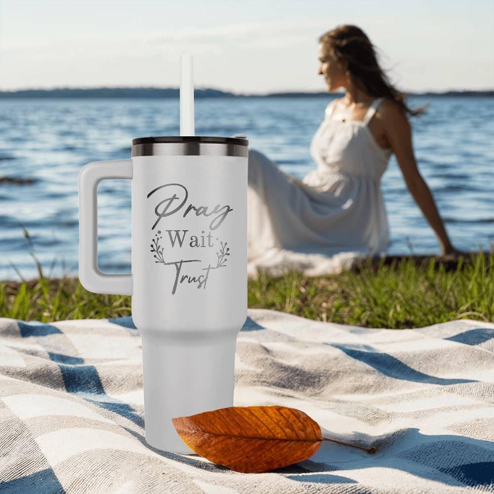 Pray Wait Trust Personalized Leaser Printed 40oz Tumbler with Handle – view 9