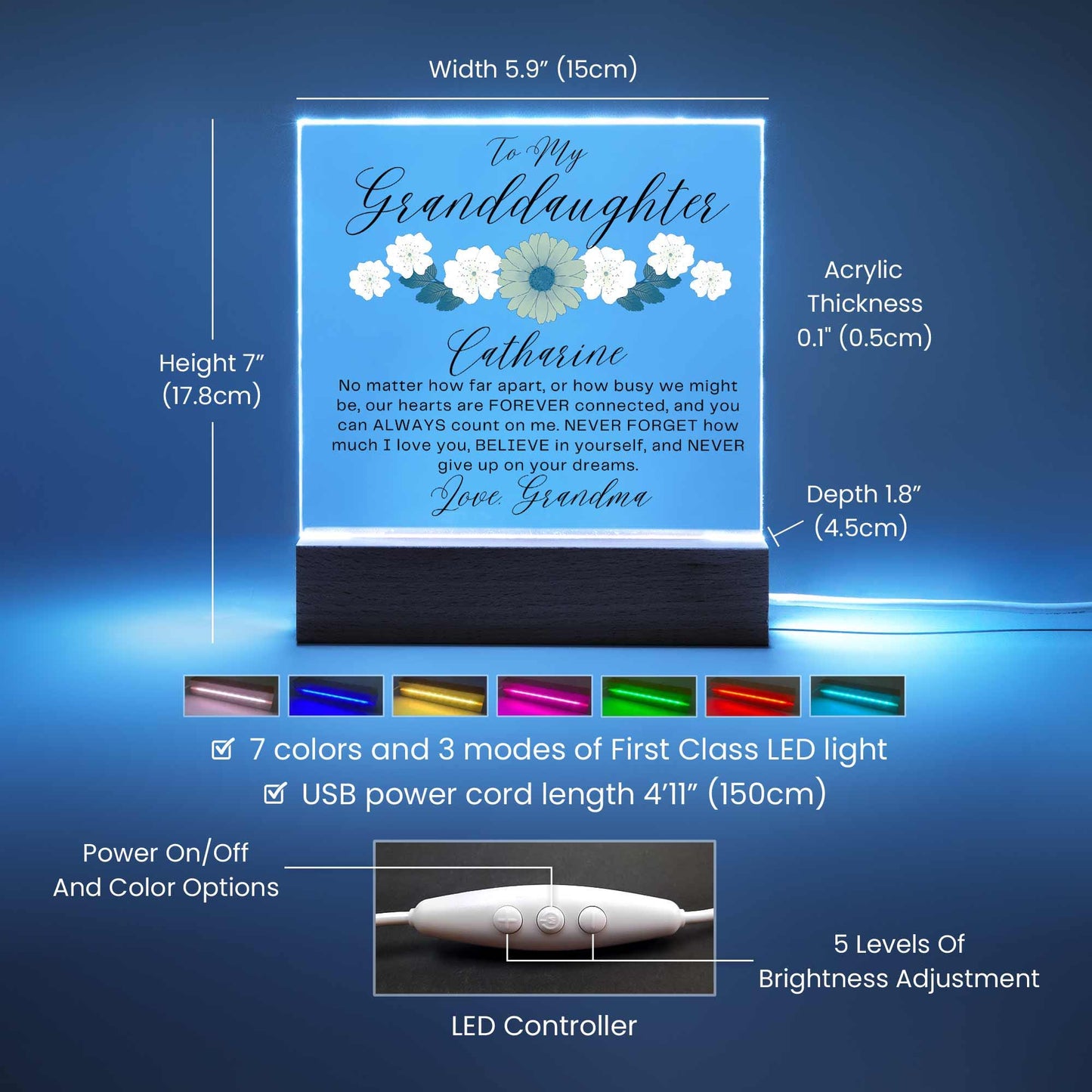 To My Granddaughter Floral Personalized LED Acrylic Plaque – view 5