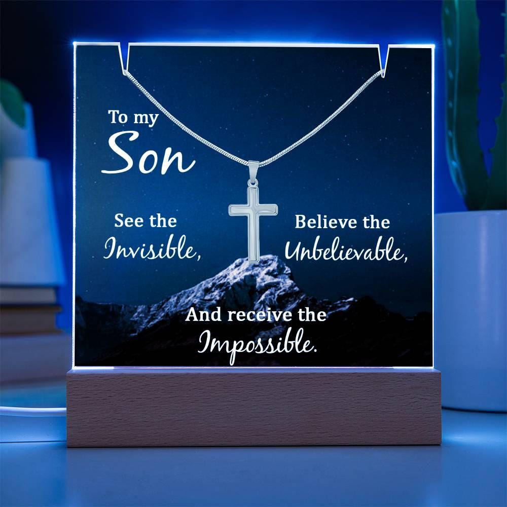 To My Son Keepsake Bundle LED Acrylic Plaque With Cross Necklace