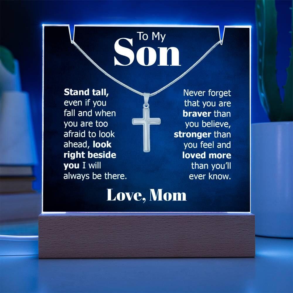 To My Son LED Acrylic Plaque with Cross Necklace – Son Christmas gift