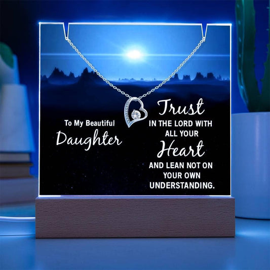 Daughter Keepsake Bundle LED Acrylic Plaque with Love knot Necklace – view 2