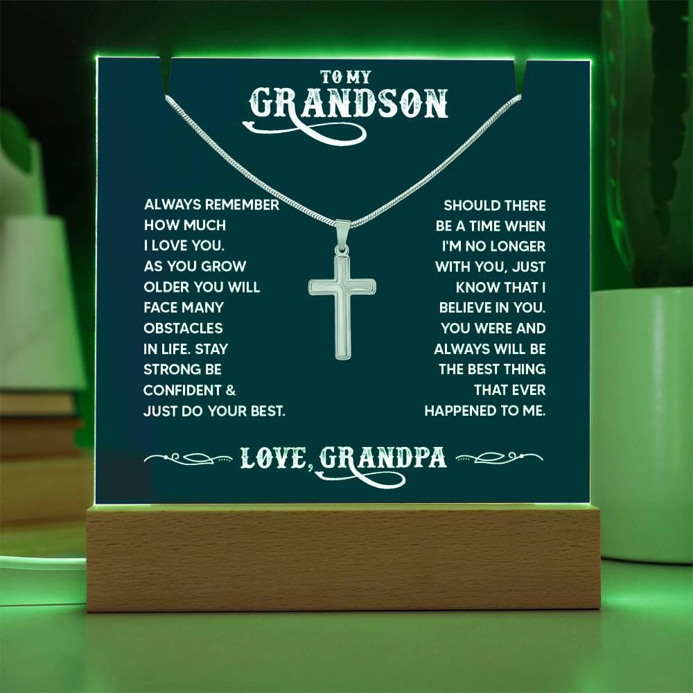Personalized Grandson LED Acrylic Bundle with Cross Necklace – view 10