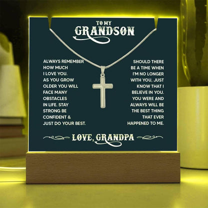 Personalized Grandson LED Acrylic Bundle with Cross Necklace – view 2