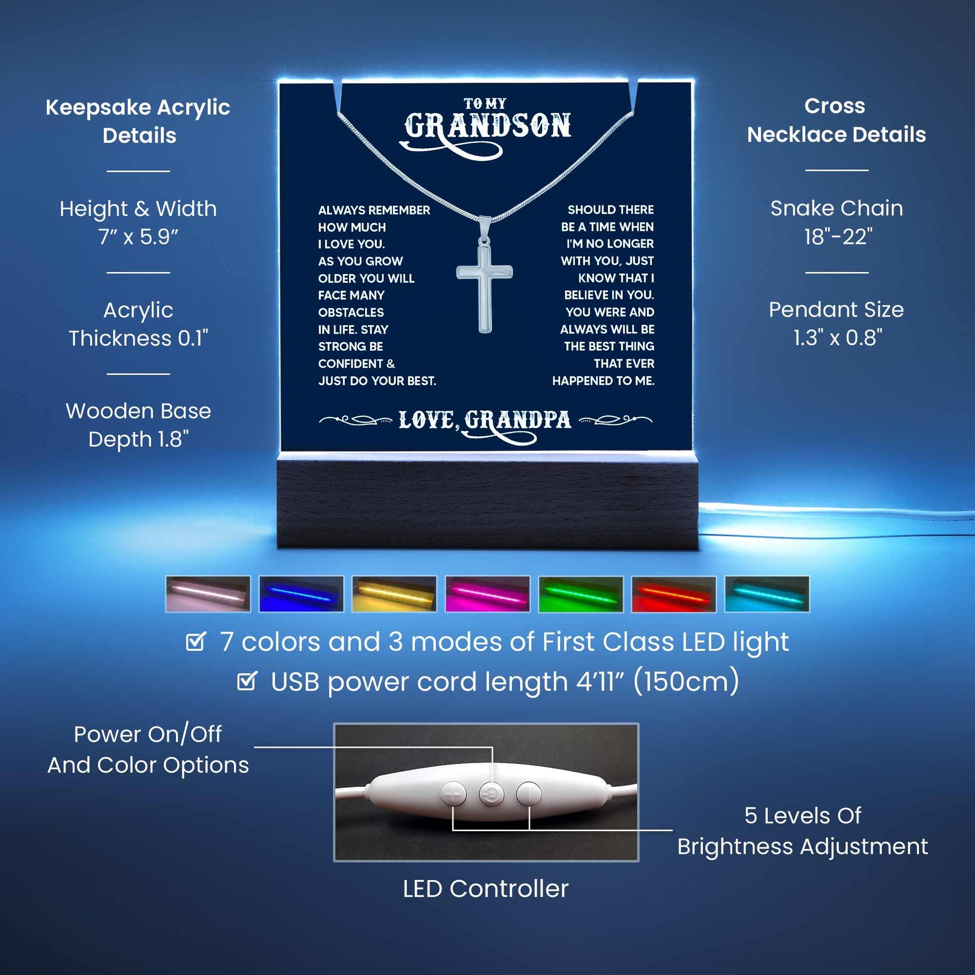 Personalized Grandson LED Acrylic Bundle with Cross Necklace – view 8