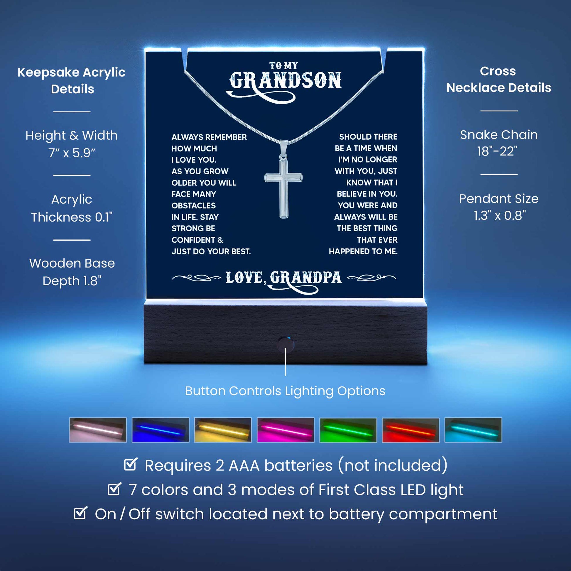 Personalized Grandson LED Acrylic Bundle with Cross Necklace – view 5