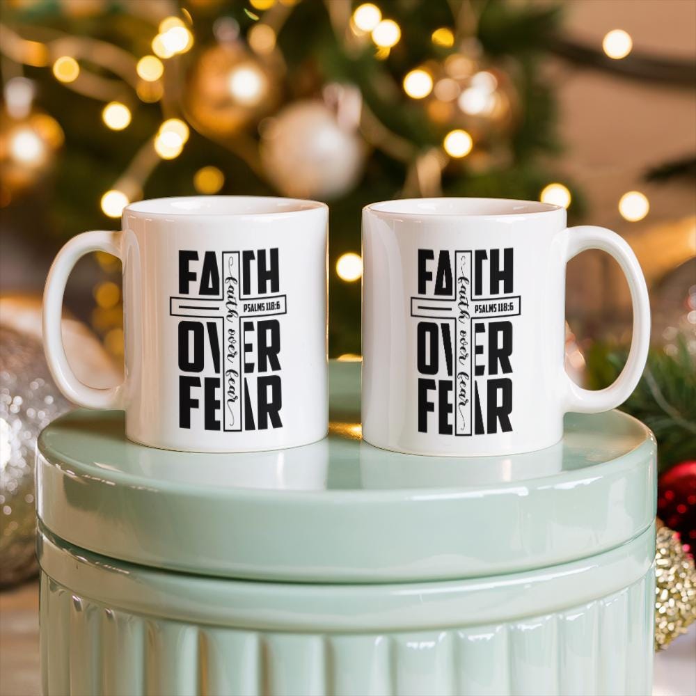Faith Over Fear White Ceramic Mug – Motivational Bible Verse Mug – view 8