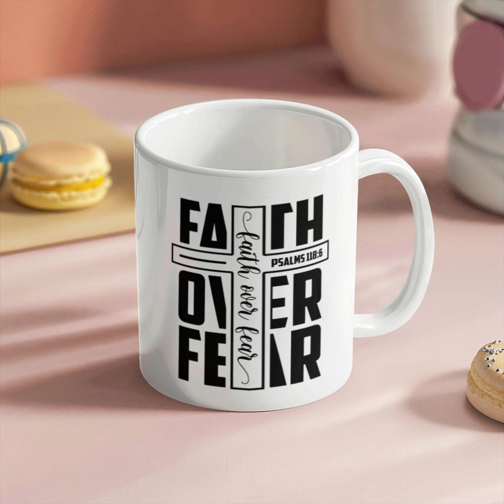 Faith Over Fear White Ceramic Mug – Motivational Bible Verse Mug – view 6