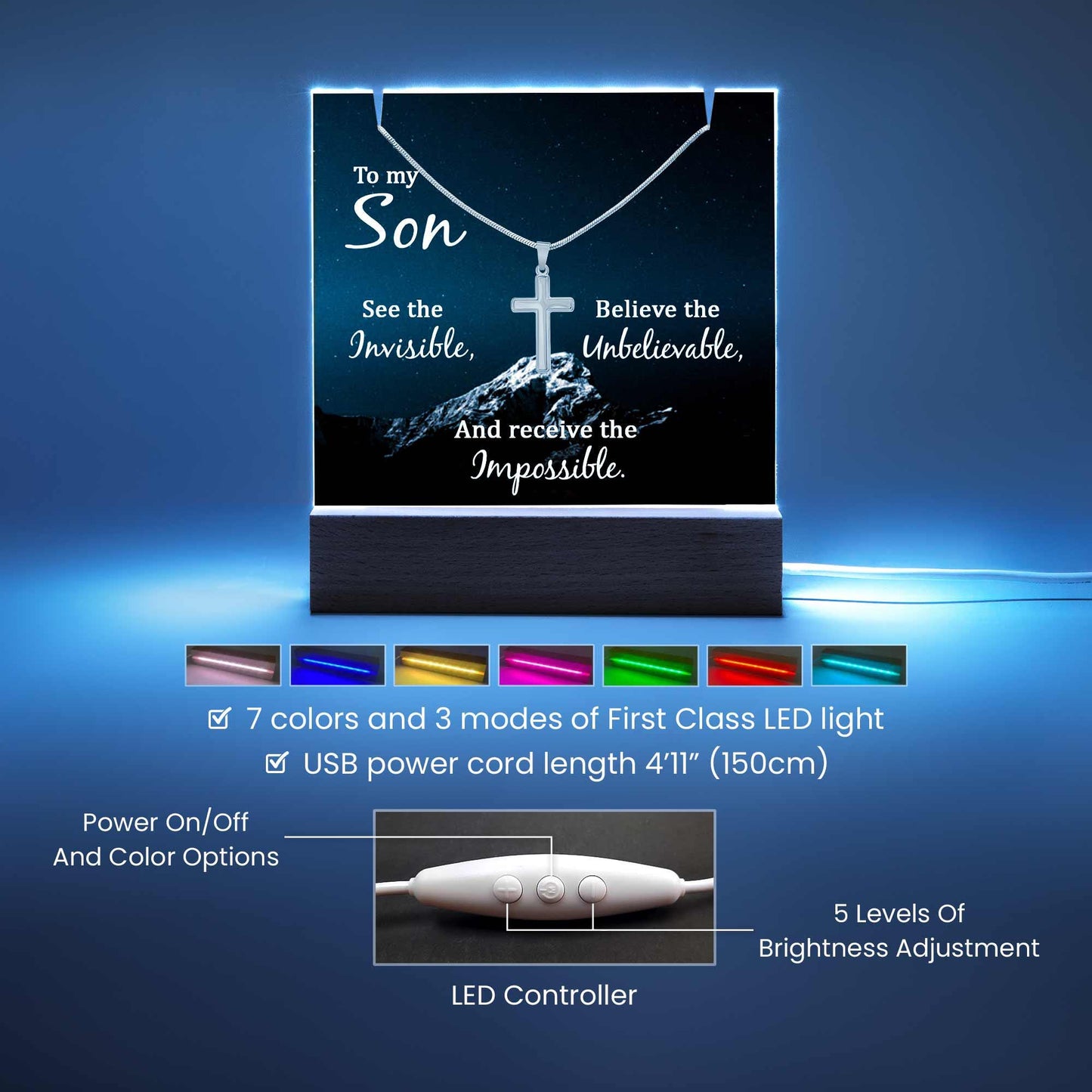 To My Son Keepsake Bundle LED Acrylic Plaque With Cross Necklace – view 6