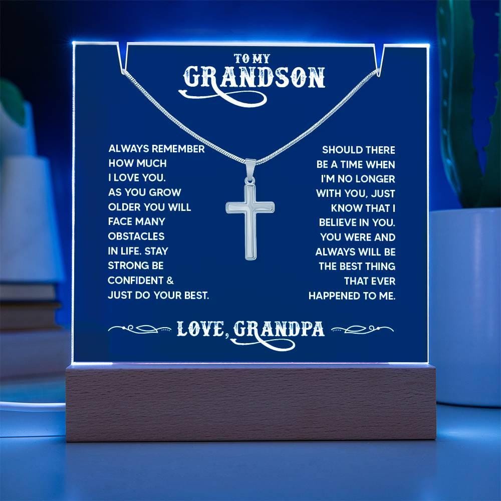 Personalized Grandson LED Acrylic Bundle with Cross Necklace – view 3