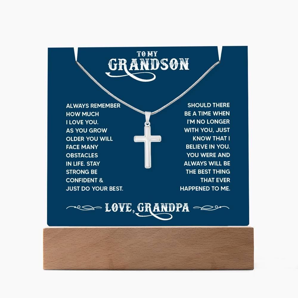 Personalized Grandson LED Acrylic Bundle with Cross Necklace
