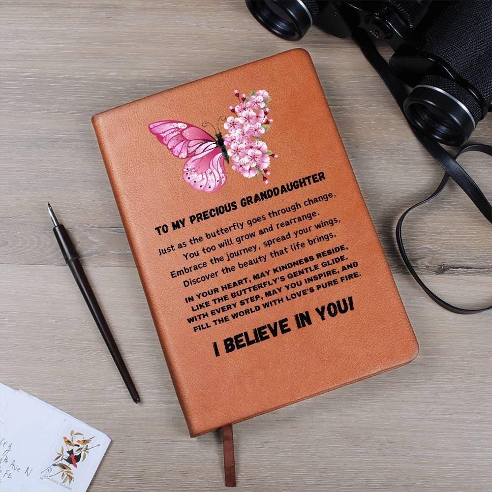 Personalized butterfly granddaughter leather journal – From Godmother