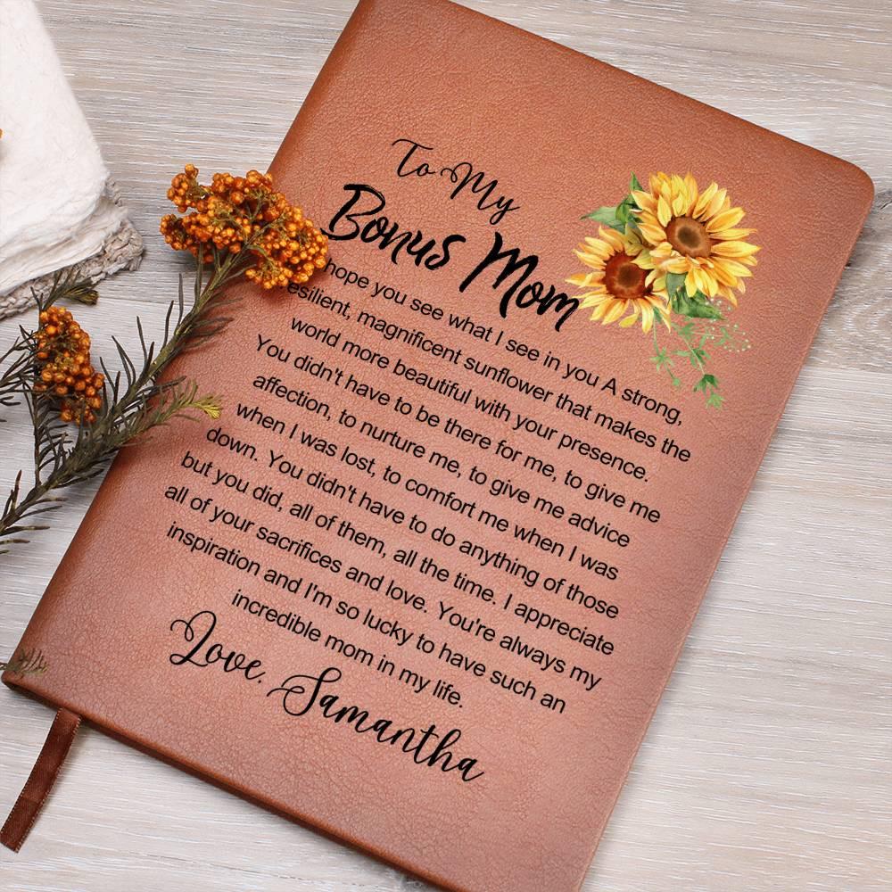 Personalized Bonus mom Sunflower Leather Journal – From Stepdaughter