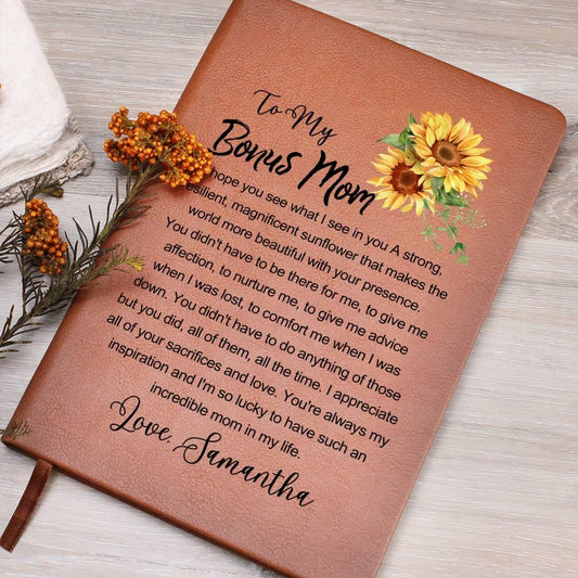 Personalized Bonus mom Sunflower Leather Journal – From Stepdaughter