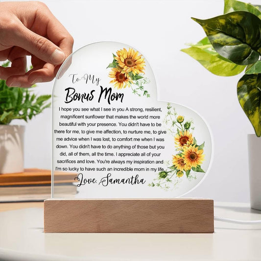 Sunflower Bonus Mom Custom Heart Acrylic Plaque – Gift for Stepmom