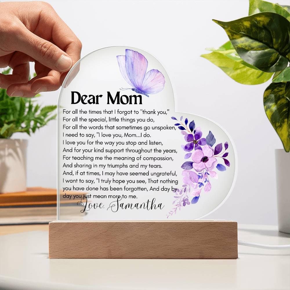 Dear Mom Personalized Butterfly Heart Acrylic Plaque – Gift for Mom