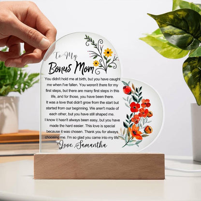 Custom Bonus Mom Heart Acrylic Plaque – Birthday Gift for Stepmom