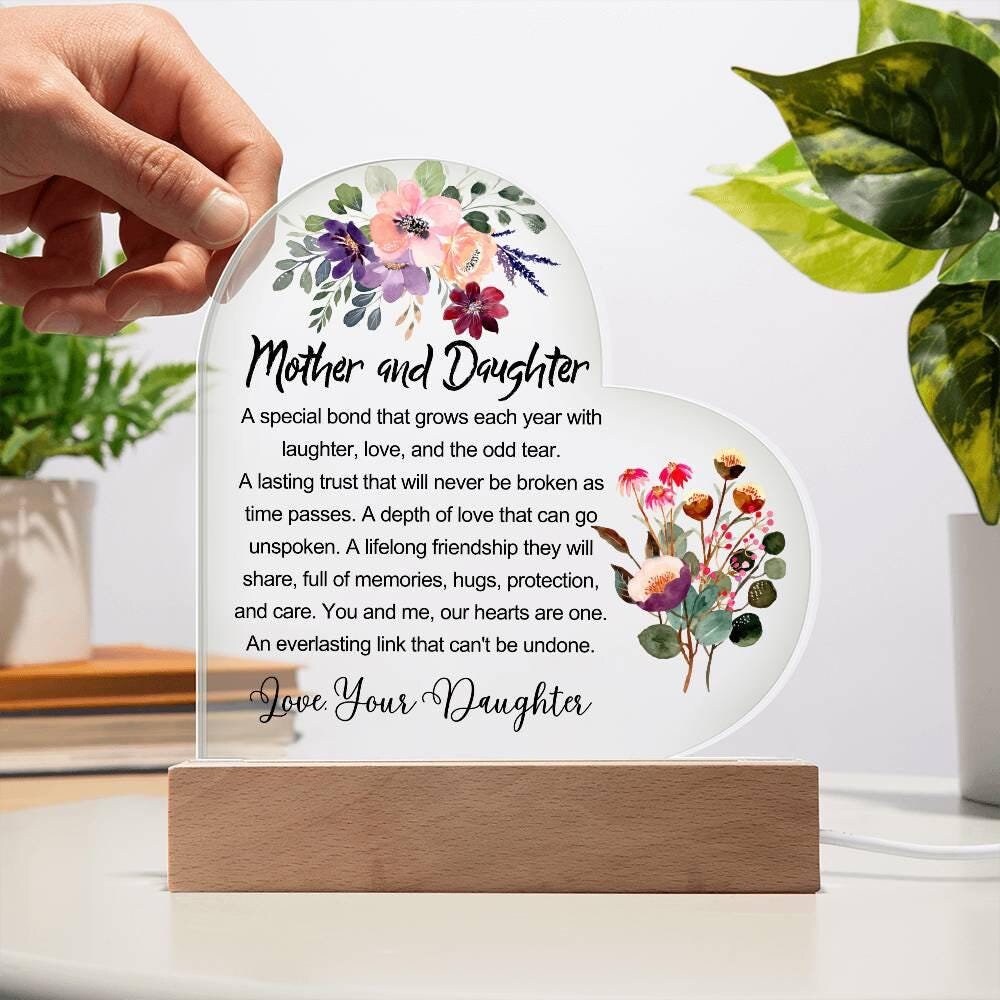 Mother Daughter Floral Heart Acrylic Plaque – Gift for Mom