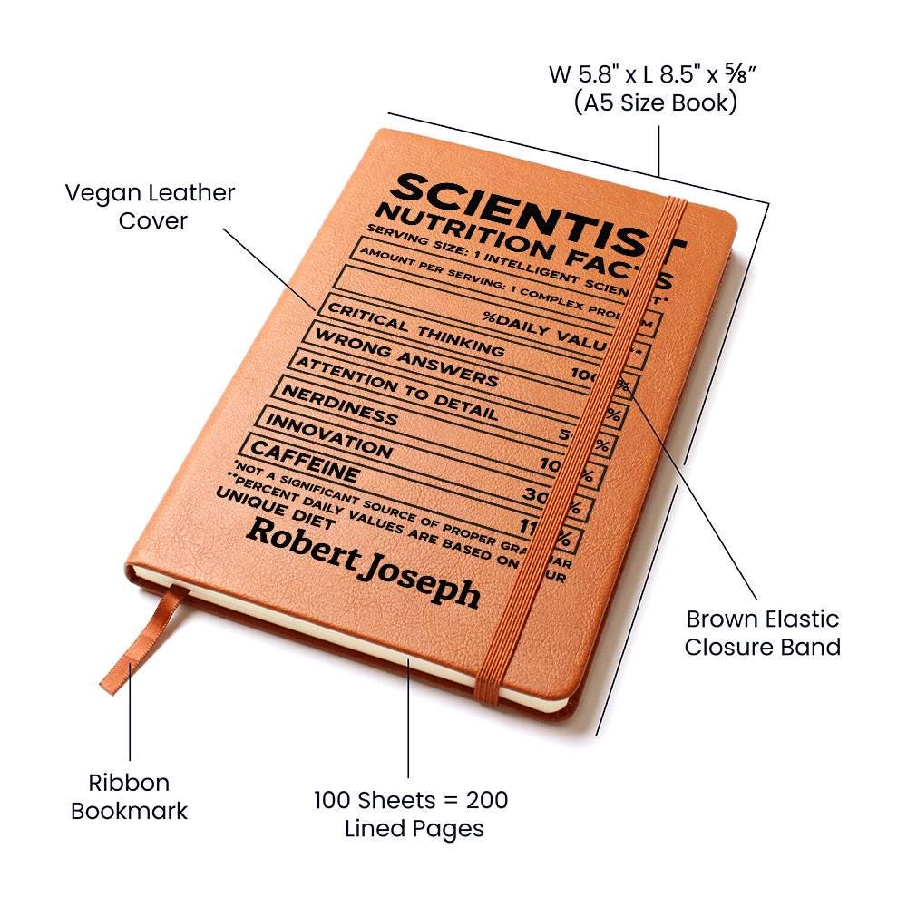 Scientist Nutrition Facts Personalized Leather Journal – Lab Scientist – view 3