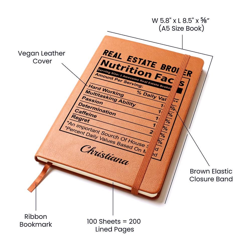 Personalized Real Estate Broker Nutrition Facts Leather Journal – view 4