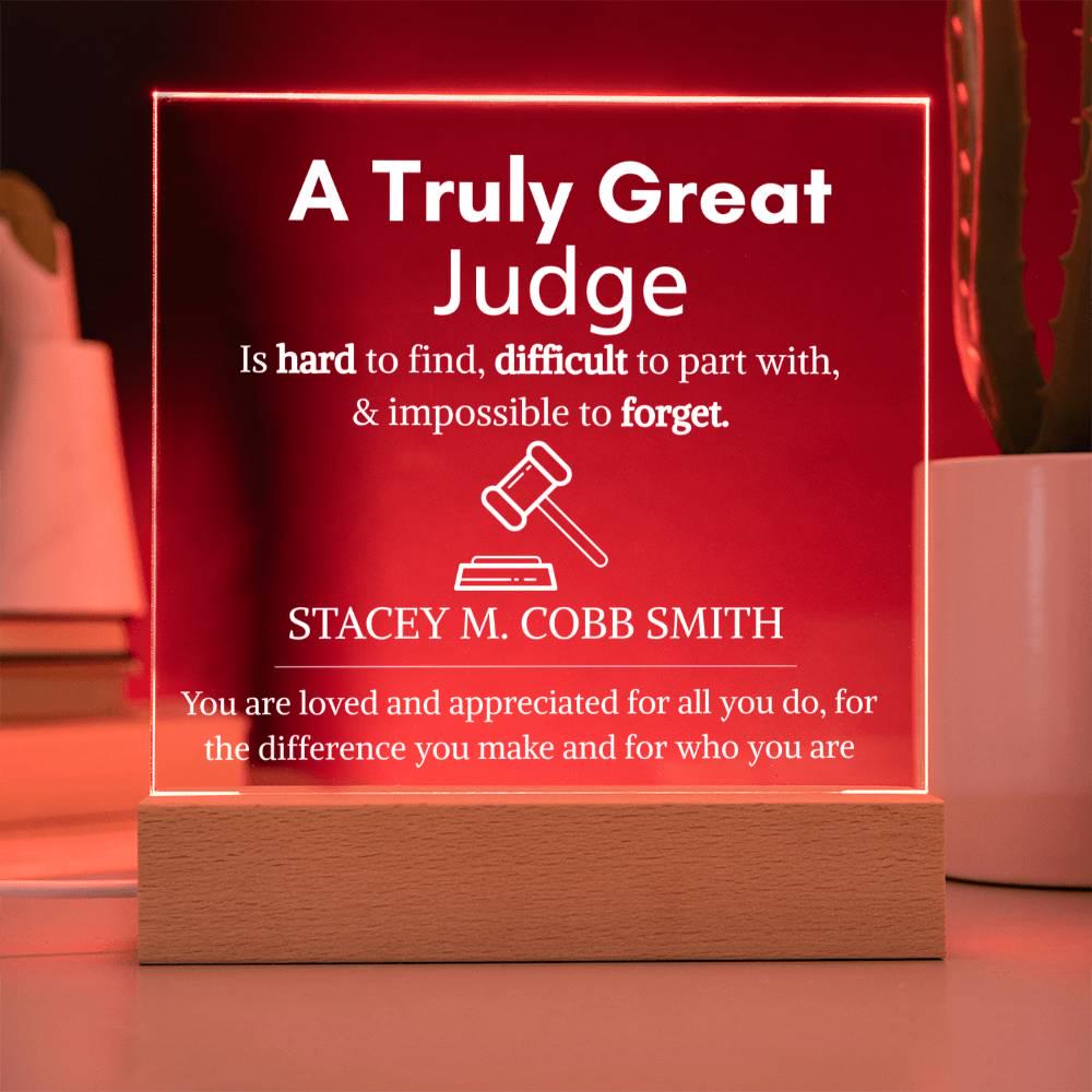 Personalized Judge Gift: Acrylic LED Plaque with Wooden Base – view 9