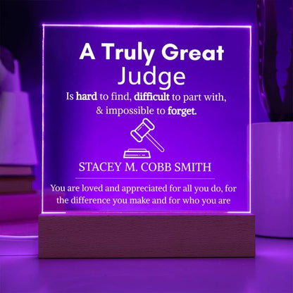 Personalized Judge Gift: Acrylic LED Plaque with Wooden Base – view 8