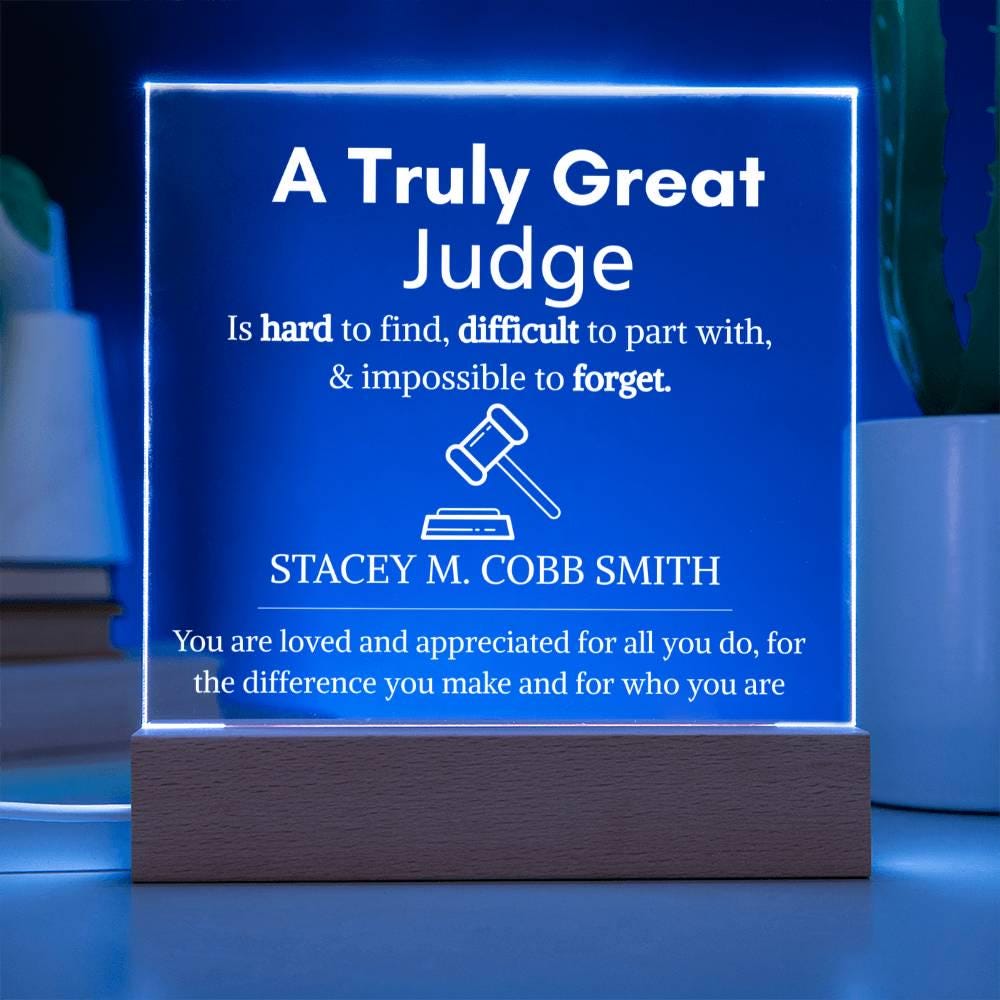 Personalized Judge Gift: Acrylic LED Plaque with Wooden Base – view 4