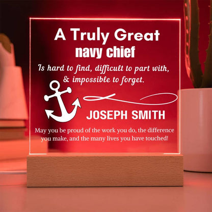 Personalized Navy Chief Gift Cordless LED Acrylic Sign – Navy – view 3