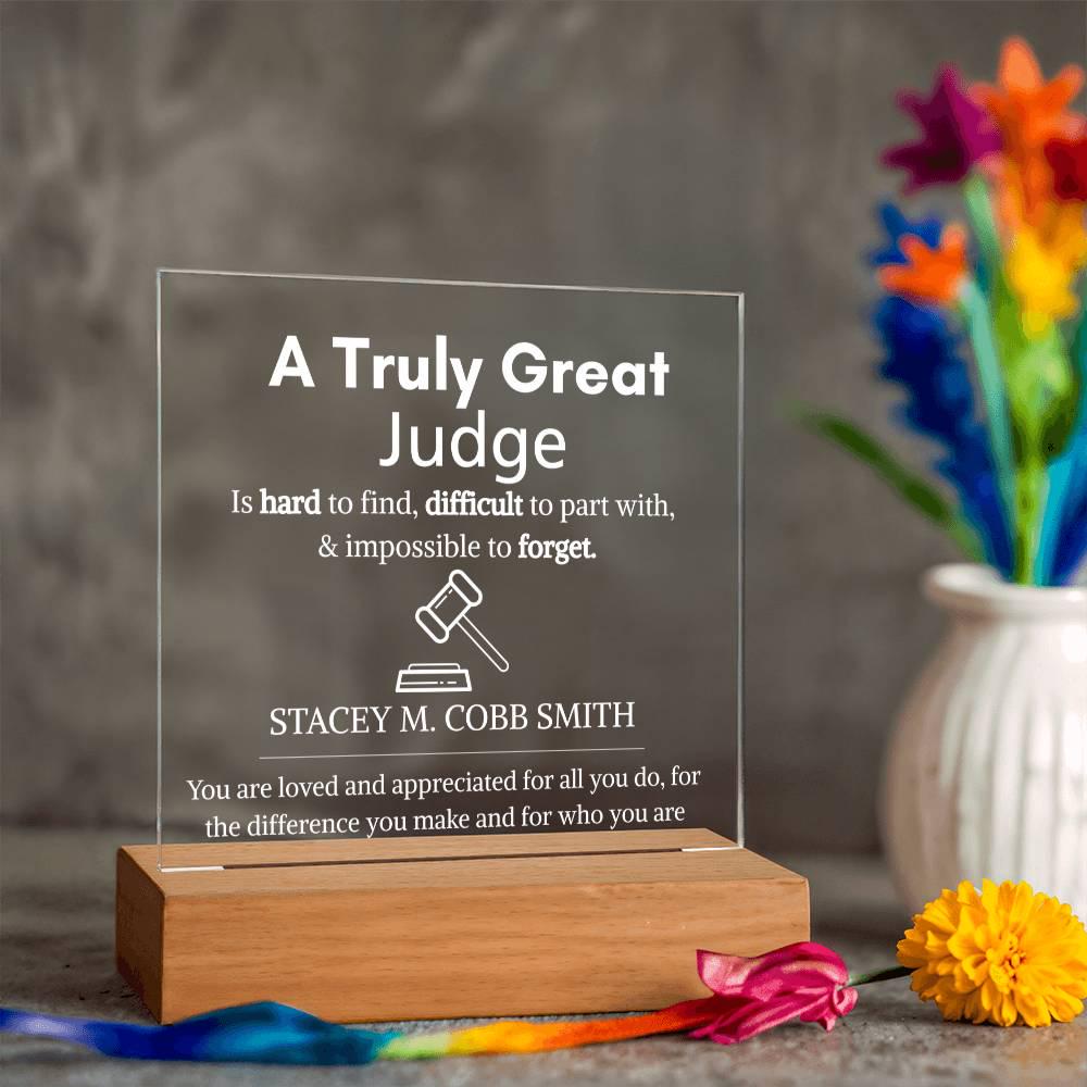 Personalized Judge Gift: Acrylic LED Plaque with Wooden Base – view 7