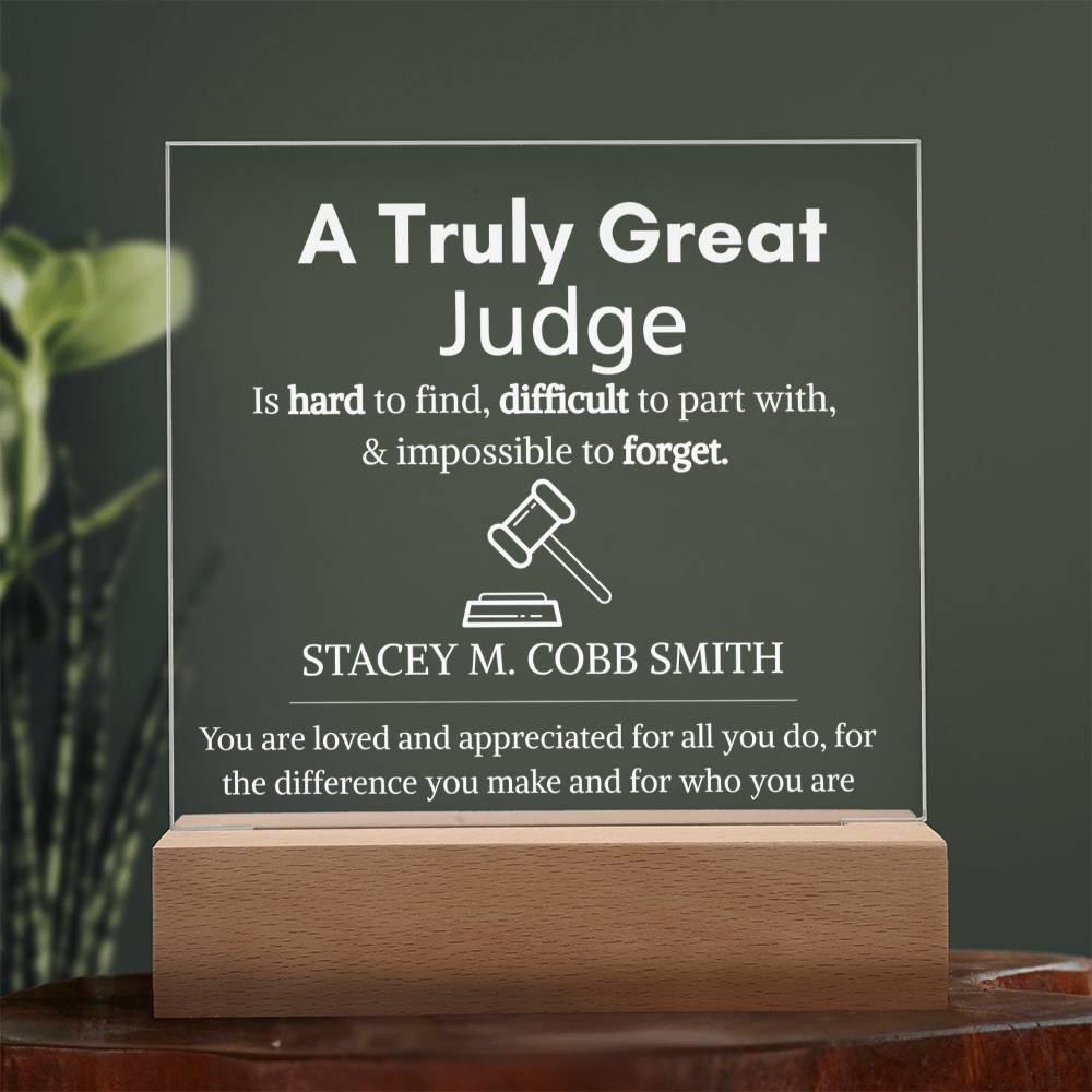 Personalized Judge Gift: Acrylic LED Plaque with Wooden Base – view 2