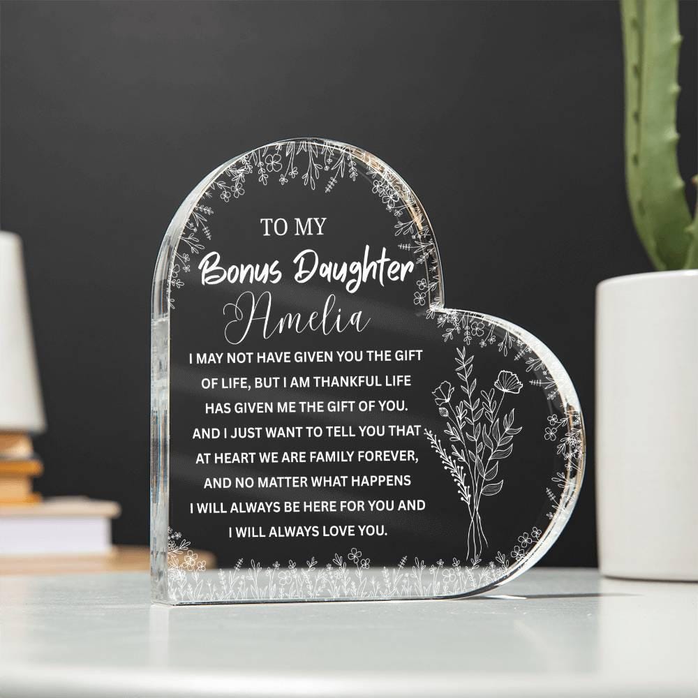 To My Bonus Daughter Gift Personalized Heart Acrylic Plaque – view 3
