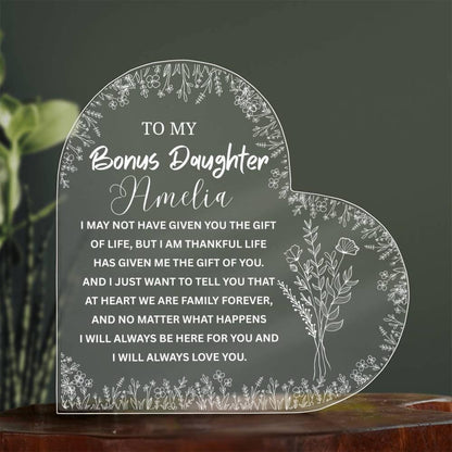 To My Bonus Daughter Gift Personalized Heart Acrylic Plaque