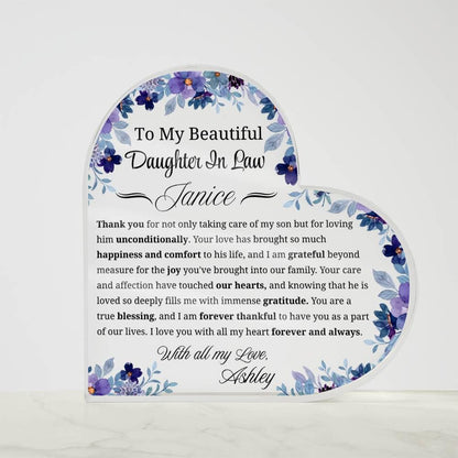 To My Daughter in Law Gift Personalized Heart Acrylic Plaque – view 6