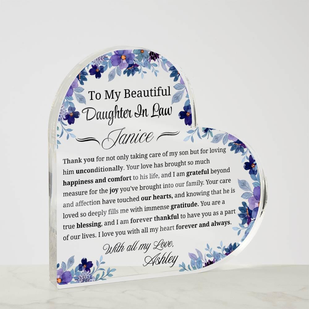To My Daughter in Law Gift Personalized Heart Acrylic Plaque – view 3
